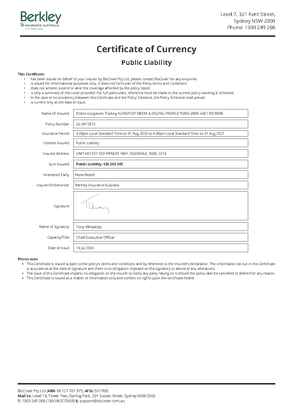 Certificate of Currency preview