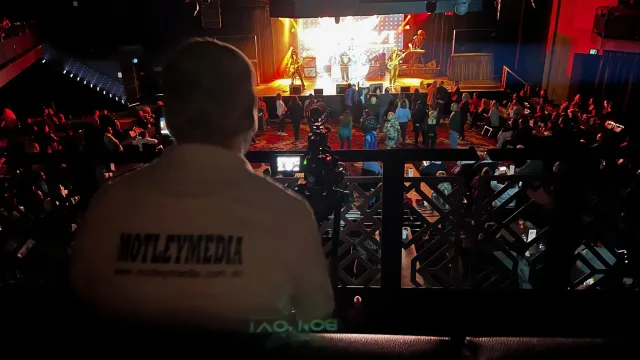 Behind-the-scenes view of Motley Media filming the Always Bon Jovi tribute band during a live performance in Sydney.