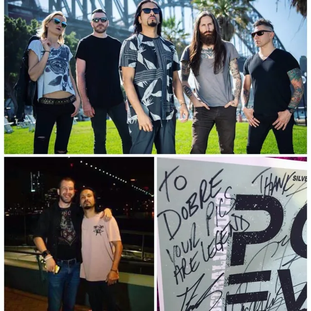 Behind-the-scenes photo collage of rock band Pop Evil during their Sydney visit and media production.