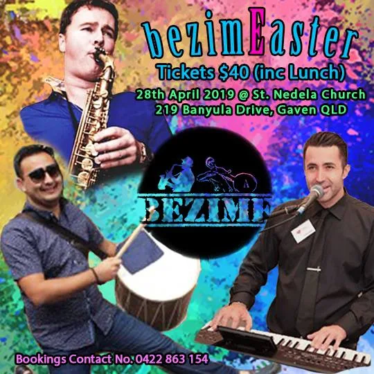 Bezime live-event promotional graphic featuring band members, event details and branded artwork.