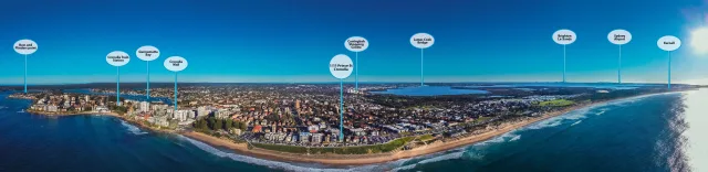 Aerial panorama of Botany Bay and the St George coastline in Sydney with surrounding suburbs and landmarks identified.
