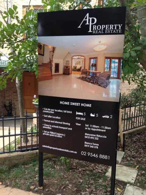 AProperty Real Estate residential sales sign designed, large-format printed and installed by Motley Media & Digital Productions in Connells Point, NSW